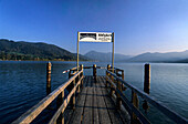 shipping pier in Gmund at lake Tegernsee, view to Wallberg and Setzberg, Bavarian Alps, Upper Bavaria, Bavaria, Germany