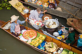 Top view of two boats at the Floating Market, Damnoen Saduak, near Bangkok, Ratchaburi, Thailand