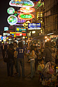 View along Th Khao San Road at night, Banglamphu, Bangkok, Thailand