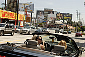 Junge Frauen im Auto, Cabriolet, Cabrio, Sunset Boulevard, Werbetafeln, Werbeplakate, Plakate, Werbung,Los Angeles, Kalifornien, Vereinigte Staaten von Amerika, U.S.A.