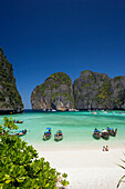 View over Maya Bay, a beautiful scenic lagoon, famous for the Hollywood film "The Beach" with anchored boats, Ko Phi-Phi Leh, Ko Phi-Phi Islands, Krabi, Thailand, after the tsunami