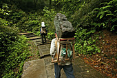 path and stairs, porters with heavy stone load, mountains, Emei Shan, World Heritage Site, UNESCO, China, Asia