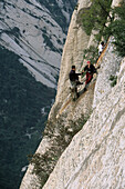 vertical stone cliffs, steps with chain, Taoist mountain, Hua Shan, Shaanxi province, Taoist mountain, China, Asia