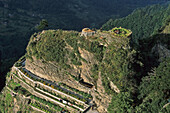 Water reservoir, garden terraces and Tianzhu Feng monastery village, Mount Wudang, Wudang Shan, Taoist mountain, Hubei province, UNESCO world cultural heritage site, birthplace of Tai chi, China