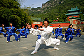 Taichi training from Wudang School of Martial Arts, in front of Purple Heaven Hall, Zi Xiao Gong, peak 1613 metres high, Wudang Shan, Taoist mountain, Hubei province, Wudangshan, Mount Wudang, UNESCO world cultural heritage site, birthplace of Tai chi, Ch