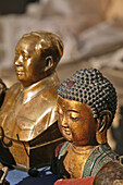 Buddha and Mao statues at a shop in Taihuai, Mount Wutai, Wutai Shan, Buddhist Centre, Town of Taihuai, Shanxi province, China