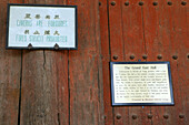 prohibited sign, Dong Ye temple, oldest wooden hall in Chan, built in 782, Wutai Shan, Five Terrace Mountain, Buddhist Centre, town of Taihuai, Shanxi province, China, Asia, Grand East Hall