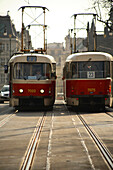 Two trams on Legii bridge, New Town, Nove Mesto, Prague, Czech Republic