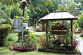 Wegweiser am Le Calou Gasthaus, La Digue Island, Seychellen