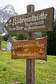Wegweiser für die Kuehroint Huette, Watzmann, Berchtesgaden, Berchtesgadener Land, Bayern, Deutschland
