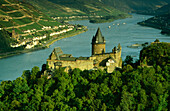 Blick über Burg Stahleck bei Bacharach auf den Rhein, Rheinland-Pfalz, Deutschland