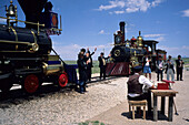 East-West Train Meeting Ceremony Reenactment, Golden Spike National Historic Site, in der Nähe von Brigham City, Utah, USA