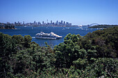 Captain Cook Kreuzfahrtschiff und Sydney Skyline, Blick von Nielsen Park, Sydney, New South Wales, Australien
