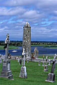 Crosses & Temple Finghin at Clonmacnoise, Houseboat on River Shannon, Clonmacnoise, County Offaly, Ireland