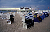 Ahlbeck pier and beach chairs at the Baltic sea, Usedom, Mecklenburg-Pomerania, Germany, Europe