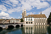View over Munster Bridge to Grossmünster and Water Church with Helmhaus, Zurich, Canton Zurich, Switzerland