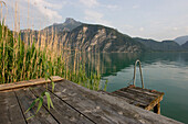 Lake Mondsee and wooden jetty, Salzburg, Austria