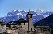 City of Torla with range of Ordesa, Ordesa National Park, Torla, Pyrenees, Spain