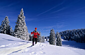 Snow covered forest with hiker, Hochries, Chiemgau, Upper Bavaria, Bavaria, Germany