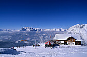 Ski hut Sportalm Strussing, skiing area Werfenweng, view to Hochkönig range, Salzburg, Austria