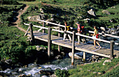 Three hikers on a bridge crossing a stream, Bernina, Oberengadin, Grisons, Switzerland
