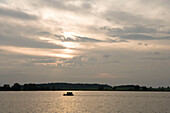 Ein Holzfloß und Wildgänse bei Sonnenuntergang, Mueritz, in der Nähe von Roebel, Mecklenburgische Seenplatte, Mecklenburg Vorpommern, Deutschland