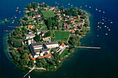 Aerial shot of Fraueninsel, Lake Chiemsee, Bavaria, Germany, Europe