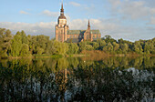 St. Marys church at an idyllic lake, Stralsund, Mecklenburg-Western Pomerania, Germany, Europe