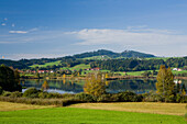 View of Haslacher See, Auerberg, near Bernbeuren, Allgaeu, Upper Bavaria, Bavaria, Germany