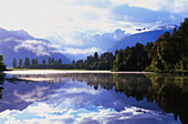 Panorama of Lake Matheson with reflection of Mount Cook, West Coast, South Island, New Zealand