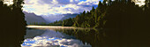 Panorama of Lake matheson with reflection of Mount Cook, West Coast, South Island, New Zealand