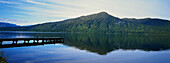 Panorama von Lake Kaniere mit Steg, Hokitika, West Küste, Südinsel, Neuseeland
