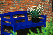 Blue wooden bench, Foehr Island, Schleswig Holstein, Germany