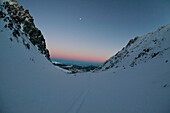 Verschneites Tal, Sonnenuntergang, Falkertsee, Kärnten, Österreich