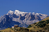 hut Hofpürgelhütte with Hochkönig range, Dachstein range, Salzburg, Austria