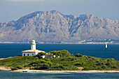 Illa d Alcanada with lighthouse, near Alcudia, Majorca, Spain