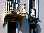 Balcony with seabird ornaments, El Paso, La Palma, Canary Islands, Spain