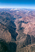 View from airplane over Andes, on the right Chile, on the left Argentina, South America