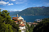 Pilgrimage church Madonna del Sasso, panoramic view over Lake maggiore, Orselina, near Locarno, Ticino, Switzerland