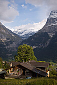 Hütte mit Berner Alpen im Hintergrund, Grindelwald, Berner Oberland, Kanton Bern, Schweiz