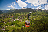 Cabin of the cable car Pfingsteggbahn and view over valley, Grindelwald, Bernese Oberland, Canton of Bern, Switzerland