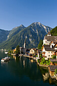 Panoramic view over Hallstatt with Protestant Christ church and catholic parish church, Lake Hallstatt, Upper Austria, Austria