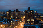 View at illuminated high rise buildings at night, Manhattan, New York, USA