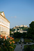 View over Mirabell castle and garden to Hohensalzburg Fortress, largest, fully-preserved fortress in central Europe, Salzburg, Salzburg, Austria