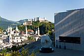 View from Museum of Modern Art over Collegiate Church, built by Johann Bernhard Fischer von Erlach, Franciscan Church and St. Peter's Archabbey to Hohensalzburg Fortress, Salzburg, Salzburg, Austria, Since 1996 historic centre of the city part of the UNES