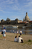 View over river Elbe to the Bruhl's Terrace and Frauenkirche, Dresden, Saxony, Germany