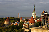 View of old town from Rohukohtu Terrace. The towers of the citywalls in the front, St. Michael Monastery and Olai Church in the background, Tallinn, Estonia