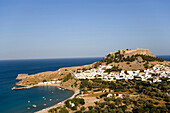 View over Lindos Bay and  town with Acropolis, Lindos, Rhodes, Greece