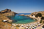 Elevated view of beach at Saint Paul's Bay (Agios Pavlos), Lindos, Rhodes, Greece