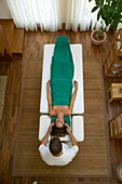 Massage, woman relaxing, physiotherapist massaging his customer,  personal spa area of Seehotel Neuklostersee, Badescheune, Mecklenburg - Western Pomerania, Germany